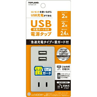 TOPLAND TAP680GR USBスマートタップ 2.4A 雷ガード付 GR